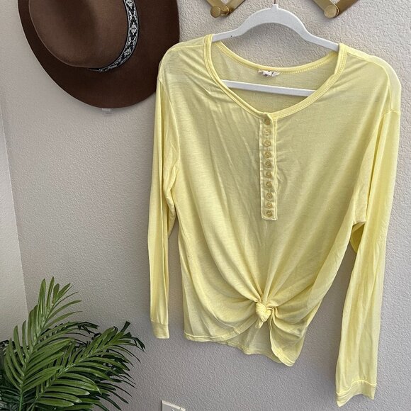 POL Tops - POL Super Soft Pastel Yellow Henley Button Long Sleeve Lightweight T-Shirt top